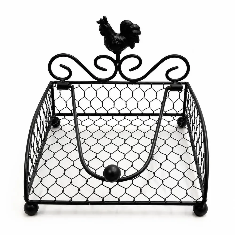 Black Metal Rooster Chicken Wire Basket Farmhouse Countertop Mail Napkin Holder
